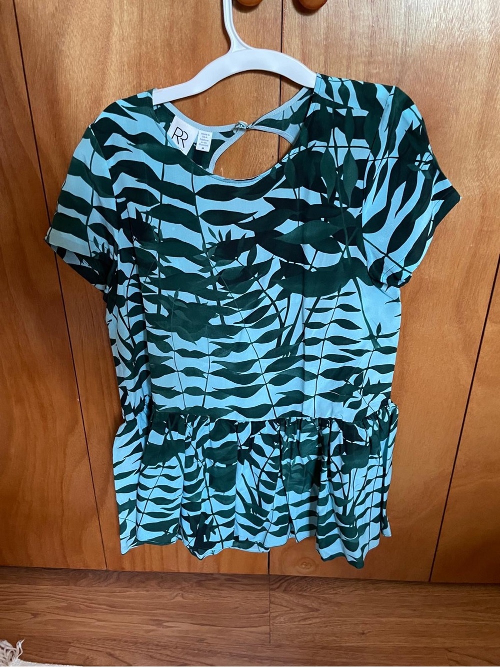 Silk Green Leaf Print Peplum Top